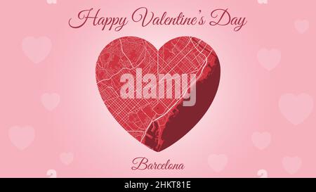 De Barcelone avec carte d'amour, carte de la ville en forme de coeur.Illustration vectorielle horizontale de couleur rose et rouge.J'adore le paysage urbain. Illustration de Vecteur