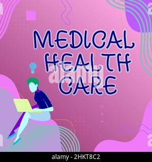 Affiche textuelle indiquant Medical Health Care. Mot écrit sur l'entretien ou l'amélioration par la prévention diagnostic femme assis avec un ordinateur portable activement Banque D'Images