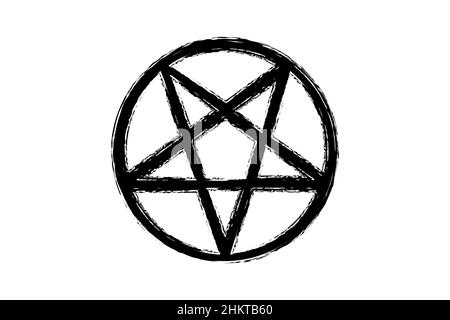 Pentagram Pentacle Wicca Star, style de pinceau noir, tatouage à la main signes et symbole mystique satanique occulte, vecteur isolé sur fond blanc Illustration de Vecteur