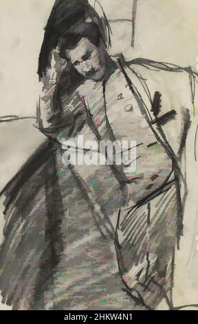 L'art inspiré par l'homme se tient près d'un placard et repose sur un coude. Son autre main est de son côté. Penses, les œuvres classiques modernisées par Artotop avec une touche de modernité. Formes, couleur et valeur, impact visuel accrocheur sur l'art émotions par la liberté d'œuvres d'art d'une manière contemporaine. Un message intemporel qui cherche une nouvelle direction créative. Artistes qui se tournent vers le support numérique et créent le NFT Artotop Banque D'Images