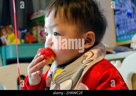 Un petit garçon chinois mangeant une fraise, Hong Kong, Chine. Banque D'Images