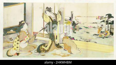 Art inspiré par la courtesane dansante, la courtesane dansante à la musique d'un shamisen (instrument à cordes japonaises) joué par une femme assise. À droite, un jeune homme. Par la fenêtre ouverte une vue sur le jardin. Avec un poème., imprimeur: Ryûryûkyo Shinsai, Zôhonrô Nomiyoshi, Japon, oeuvres classiques modernisées par Artotop avec une touche de modernité. Formes, couleur et valeur, impact visuel accrocheur sur l'art émotions par la liberté d'œuvres d'art d'une manière contemporaine. Un message intemporel qui cherche une nouvelle direction créative. Artistes qui se tournent vers le support numérique et créent le NFT Artotop Banque D'Images