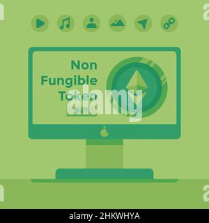 Le moniteur affichant l'éther. Ressource graphique NFT. Illustration vectorielle plate isolée sur fond vert. Banque D'Images