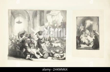 L'art inspiré par le Christ pousse les changeurs d'argent hors du temple et de la circoncision, deux dessins de Moïse ter Borch après Rembrandt, collés côte à côte sur une feuille., dessinateur: Moses ter Borch, Rembrandt van Rijn, Zwolle, 1660, papier, Encre, pinceau, hauteur 243 mm × largeur 360 mm, oeuvres classiques modernisées par Artotop avec une touche de modernité. Formes, couleur et valeur, impact visuel accrocheur sur l'art émotions par la liberté d'œuvres d'art d'une manière contemporaine. Un message intemporel qui cherche une nouvelle direction créative. Artistes qui se tournent vers le support numérique et créent le NFT Artotop Banque D'Images