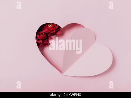 Message d'amour, mise en place conceptuelle de la Saint-Valentin.Vue de dessus sur papier incurvé, forme de coeur rose sur fond rose.Maquette minimale pour carte de Saint-Valentin, invitation, carte de vœux.Fleur de rose rouge Banque D'Images