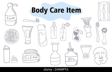 Articles et éléments pour les soins du corps.Fournitures de salle de bains, cosmétiques, rasoir, dentifrice, brosse à dents.Dans un style linéaire.Illustration vectorielle. Illustration de Vecteur