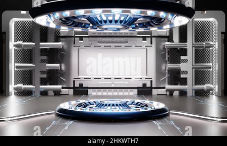 Podium de produits SCI-fi dans un vaisseau spatial avec fond blanc et bleu.Technologie spatiale et concept d'objet.3D rendu d'illustration Banque D'Images