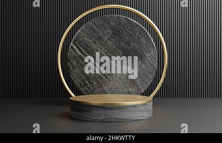 Podium en marbre noir gris or et blanc de luxe pour le fond du modèle de publicité des cosmétiques.Concept de maquette d'objet et d'entreprise.3D illustration rend Banque D'Images