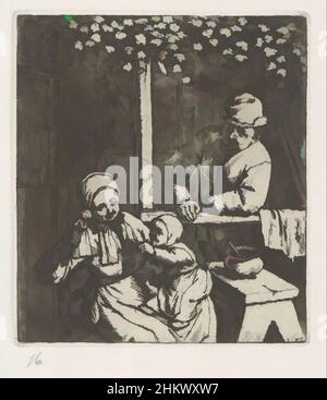 Art inspiré par la mère avec un enfant sur les genoux tenant la main à une poupée, Une mère s'assoit avec un enfant sur les genoux devant une maison. L'enfant atteint une poupée que la mère tient. Un homme regarde. L'imprimé fait partie d'un portfolio et est imprimé avec un autre imprimé sur l'un, les œuvres classiques modernisées par Artotop avec une touche de modernité. Formes, couleur et valeur, impact visuel accrocheur sur l'art émotions par la liberté d'œuvres d'art d'une manière contemporaine. Un message intemporel qui cherche une nouvelle direction créative. Artistes qui se tournent vers le support numérique et créent le NFT Artotop Banque D'Images