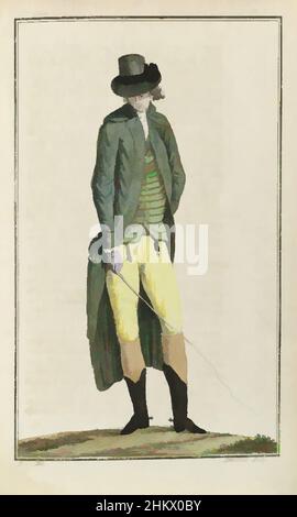 Art inspiré par Cabinet des modes ou les modes nouvelles, 1 juillet 1786, pl. I, Homme en costume d'équitation. Selon le texte d'accompagnement, l'homme, qui est sur le point de monter son cheval, est vêtu d'une 'habitude' verte avec des lapels, tapissés dans la même couleur 'vrt Dragon'. Les revers, les manches et, les œuvres classiques modernisées par Artotop avec une touche de modernité. Formes, couleur et valeur, impact visuel accrocheur sur l'art émotions par la liberté d'œuvres d'art d'une manière contemporaine. Un message intemporel qui cherche une nouvelle direction créative. Artistes qui se tournent vers le support numérique et créent le NFT Artotop Banque D'Images