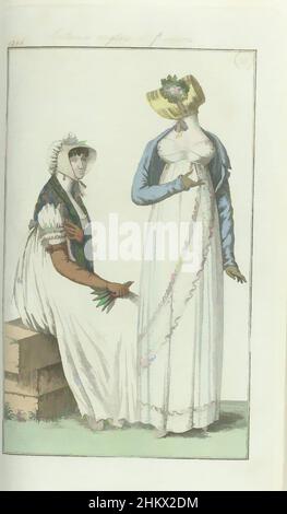 Art inspiré par le Journal des dames et des modes, édition de Francfort 7 juillet 1806, costumes anglois et françois (28), selon le texte d'accompagnement (p. 45): Fig. 1: Chapeau avec dos de taffetas, noué comme cornet. Fichu de soie. Robe de mousseline blanche à manches courtes bouffantes. (Long, les œuvres classiques modernisées par Artotop avec une touche de modernité. Formes, couleur et valeur, impact visuel accrocheur sur l'art émotions par la liberté d'œuvres d'art d'une manière contemporaine. Un message intemporel qui cherche une nouvelle direction créative. Artistes qui se tournent vers le support numérique et créent le NFT Artotop Banque D'Images