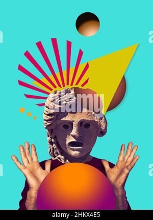 Collage numérique contemporain d'une tête de statue surprise dans un style pop art Banque D'Images