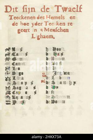 Art inspiré par page avec explication des symboles et signes utilisés pour le temps, 1712 ce sont les Twaelf Teeckenen du ciel, et comment Yder Teecken règne dans 's Menschen Lighaem, page avec vue d'ensemble des signes du zodiaque et les parties correspondantes du corps humain. Cinquième page dans, œuvres classiques modernisées par Artotop avec un peu de modernité. Formes, couleur et valeur, impact visuel accrocheur sur l'art émotions par la liberté d'œuvres d'art d'une manière contemporaine. Un message intemporel qui cherche une nouvelle direction créative. Artistes qui se tournent vers le support numérique et créent le NFT Artotop Banque D'Images