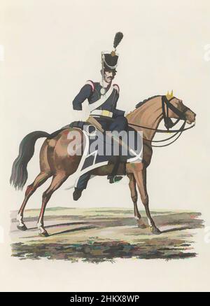 Art inspiré par Dragoon, à cheval, Dragoon hollandais du régiment Ligte Dragonders No 5, à cheval. Tôle 61. Présentation uniforme dans 'Suite de la Description comme pour les troupes néerlandaises royales' par J.F. Teupken, 1826., Imprimeur: Joannes Bemme, dessinateur intermédiaire, oeuvres classiques modernisées par Artotop avec un peu de modernité. Formes, couleur et valeur, impact visuel accrocheur sur l'art émotions par la liberté d'œuvres d'art d'une manière contemporaine. Un message intemporel qui cherche une nouvelle direction créative. Artistes qui se tournent vers le support numérique et créent le NFT Artotop Banque D'Images