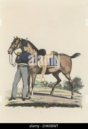 Art inspiré par l'officier (capitaine) de l'Artillerie de campagne, avec un cheval porté, Un capitaine hollandais d'artillerie de campagne, avec un cheval. Tôle 55. Présentation uniforme dans 'Suite de la Description des Forces néerlandaises royales' par J.F. Teupken, 1826., Imprimeur: Joannes Bemme, oeuvres classiques modernisées par Artotop avec une touche de modernité. Formes, couleur et valeur, impact visuel accrocheur sur l'art émotions par la liberté d'œuvres d'art d'une manière contemporaine. Un message intemporel qui cherche une nouvelle direction créative. Artistes qui se tournent vers le support numérique et créent le NFT Artotop Banque D'Images