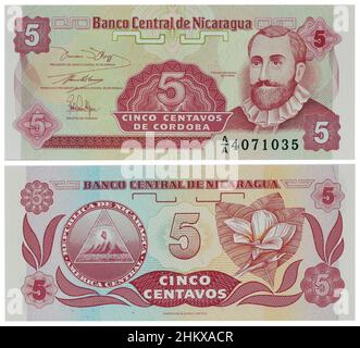 Billet de la vieille monnaie nicaraquaqua - cinq centavos.Macro isolée Banque D'Images