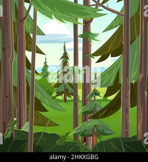 Branches de pin dans la forêt de conifères.Magnifique paysage d'été avec arbres.Des pins verts et mangé.Illustration en forme de dessin animé plate.Vecteur Illustration de Vecteur
