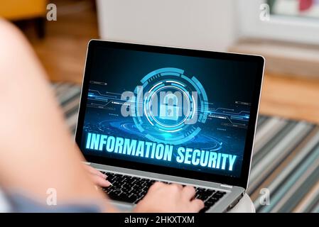 Légende présentant la sécurité des informations. L'approche commerciale étant protégée contre l'utilisation illégale de l'information femme assise avec le dos d'ordinateur portable Banque D'Images