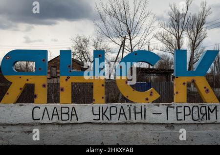 L'entrée de la ville de Slavyansk, Ukraine. Slavyansk a été la citation d'une bataille féroce dans la guerre contre la Russie en 2014. Banque D'Images