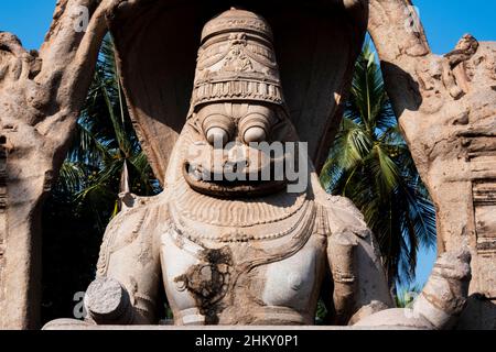 Gros plan de la sculpture de Laxmi Narasimha à Hampi : Hampi, Karnataka, Inde-février 01,2022 Banque D'Images