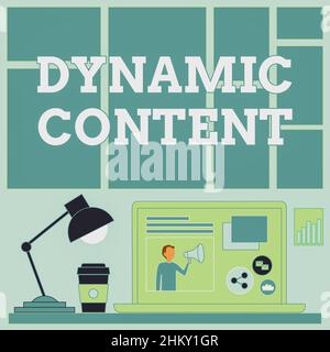 Affiche affichant le contenu dynamique. Mot écrit sur le contenu Web qui change en fonction du comportement de l'ordinateur portable de l'utilisateur sur Une table à côté de la tasse à café et Banque D'Images