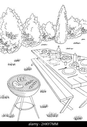 Graphique barbecue noir blanc vertical paysage dessin vecteur d'illustration Illustration de Vecteur