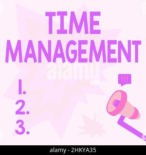 Signature manuscrite gestion du temps. Mot écrit sur le calendrier prévu pour les échéances de la réunion d'efficacité du travail tirage au sort de mégaphone avec son onde de foudre Banque D'Images