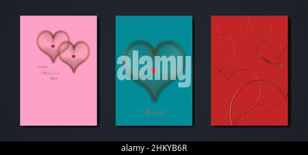 Bonne Saint Valentin ensemble de vecteur carte de voeux.Coeur doré sur fond rouge, vert, rose.Affiche Golden Holiday avec texte.Concept pour Saint Valentin Illustration de Vecteur