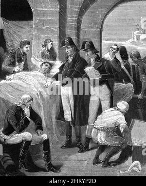 Campagne d'Egypte 'représentation du murgien Dominique Jean Larrey (1766-1842) s'occupant des pestifères de Jaffa mars 1799' (campagne française en Egypte : le chirurgien Larrey à Jaffa, Egypte, prendre soin des victimes de la peste mars 1799) Illustration tiree de 'la médecine populaire' 1881 Collection privee Banque D'Images
