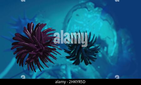 3D illustration - Flurona, double infection de Covid et la grippe.Coronavirus muté SRAS-COV-2. Banque D'Images