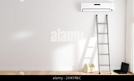 3d illustration.Le processus d'installation, la réparation de la climatisation sur un mur blanc.Les escaliers dans la chambre.Construction et climat Banque D'Images