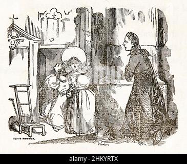 Le Rouge et le Noir [le Rouge et le Noir] de Stendhal (Marie-Henri Beyle) (1783-1842) titre page illustration du Livre 1 représentant une oeuvre d'Henri Dubouchet (1833-1909) ) montrant Julien Sorel regardant la femme de Monsieur de Rênal et Elisa la femme de chambre qui découvre leur liaison. Photographie tirée d'une édition française originale de 1831. Crédit : Collection privée / AF Fotografie Banque D'Images