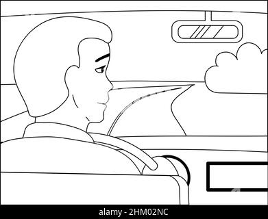 TRIP, Travel.Illustration vectorielle noir et blanc.Un jeune homme conduit une voiture sur la route. Illustration de Vecteur