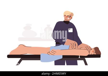 Masseuse plate pour un massage du dos au patient.Médecin chiropraticien et homme couché sur le canapé.Ostéopathe ou physiothérapeute professionnel en clinique.Physiothérapie pour la récupération et la réhabilitation du corps. Illustration de Vecteur