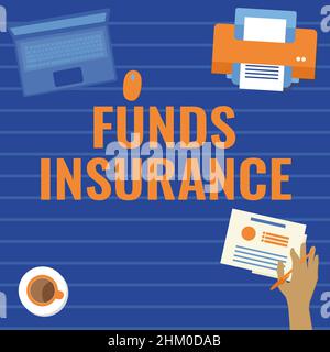 Légende du texte présentant l'assurance Fonds. Concept d'affaires forme de placement collectif offert une politique d'assurance main tenant stylo création de plans Banque D'Images