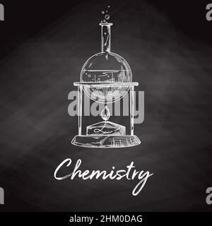 Esquisse d'objets de laboratoire chimique.Verrerie pour une expérience chimique sur un tableau à craie.Flacons pharmaceutiques vectoriels, béchers et tubes à essai.Dis Illustration de Vecteur
