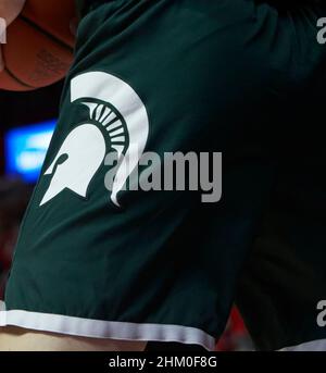 6 février 2022, Piscataway, New Jersey, États-Unis : logo des Spartans de l'État du Michigan sur le short uniforme porté par les Spartans de l'État du Michigan pendant l'action de basket-ball Big Ten entre les Spartans de l'État du Michigan et les chevaliers de Scarlet de Rutgers à l'arène de Mikes de Jersey à Piscataway, New Jersey, le samedi 5 2022 février.Rutgers bouleverser l'État du Michigan 84-63.Duncan Williams/CSM Banque D'Images