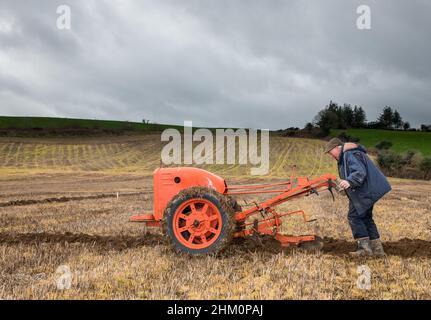 Lisselan, Clonakilty, Cork, Irlande.06th février 2022.Francis Naughton de Kilkee, Co. Clare avec son ancien British Anzani Iron Horse participant au match de labour annuel de Clodagh qui a eu lieu sur les terres de la famille Twomey, Lisselan, Co. Cork, Irlande.- crédit; David Creedon / Alamy Live News Banque D'Images