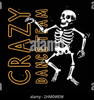 texte « crazy dance team » avec illustration vectorielle du squelette dansant sur fond noir Illustration de Vecteur