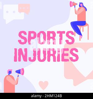 Écriture affichant du texte blessures sportives. Photo conceptuelle types de blessure qui se produisent pendant les sports ou l'exercice Homme debout et femme assis les deux Banque D'Images