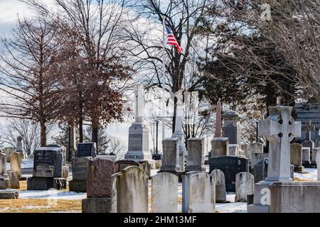Cimetière Evergreen dans un après-midi d'hiver froid, Gettysburg, Pennsylvanie, États-Unis Banque D'Images