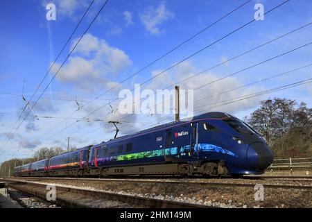 Hull trains 802301 Azuma, East Coast main Line Railway; Peterborough, Cambridgeshire, Angleterre Banque D'Images