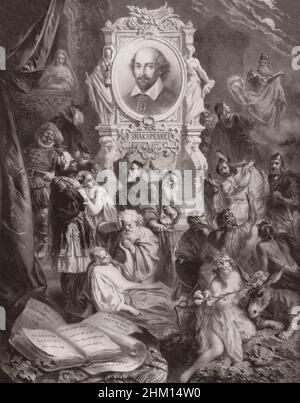 William Shakespeare avec des personnages de ses pièces, après G. Bartsch, 19th siècle Banque D'Images