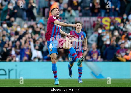 Barcelone, Espagne.Camp Nou, Barcelone, Espagne.6th févr. 2022.La Liga Santander, Barcelone versus Atletico de Madrid; Jordi Alba célèbre son but pour 1-1 dans le crédit de 10th minutes: Action plus Sports/Alay Live News crédit: Action plus Sports Images/Alay Live News Banque D'Images