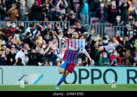 Barcelone, Espagne.Camp Nou, Barcelone, Espagne.6th févr. 2022.La Liga Santander, Barcelone versus Atletico de Madrid; Jordi Alba célèbre son but pour 1-1 dans le crédit de 10th minutes: Action plus Sports/Alay Live News crédit: Action plus Sports Images/Alay Live News Banque D'Images