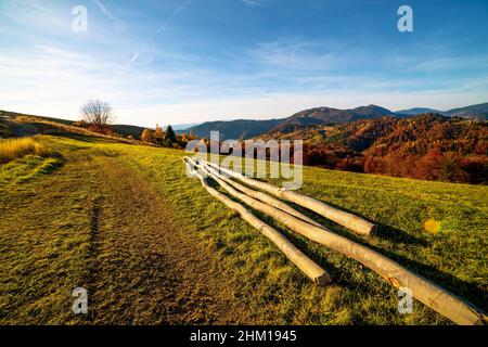 Tas de bois de chauffage haché se trouve sur l'herbe sèche dans les hautes terres contre les montagnes lointaines entourées de brouillard sous le ciel bleu au soleil d'automne coucher de soleil Banque D'Images