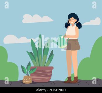 femme versant de l'eau dans la plante Illustration de Vecteur