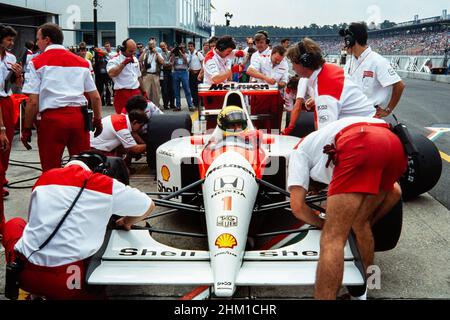 Ayrton Senna, Formule 1, Grand Prix d'Allemagne au Hockenheimring le 28 juillet 1991, Team McLaren Honda, voiture McLaren MP4/6, moteur Honda RA12 Banque D'Images