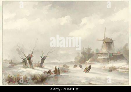 Art inspiré par le paysage d'hiver avec des striders d'eau par un moulin à vent, dessinateur: Lodewijk Johannes kleijn, 1827 - 1897, papier, crayon, pinceau, Hauteur 209 mm × largeur 313 mm, oeuvres classiques modernisées par Artotop avec une touche de modernité. Formes, couleur et valeur, impact visuel accrocheur sur l'art émotions par la liberté d'œuvres d'art d'une manière contemporaine. Un message intemporel qui cherche une nouvelle direction créative. Artistes qui se tournent vers le support numérique et créent le NFT Artotop Banque D'Images