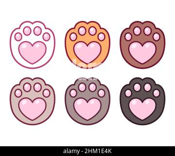 Dessin animé coeur de chat paw imprimés ensemble d'icônes, différentes couleurs.Joli et simple animal amour autocollant, illustration de clip art vectoriel. Illustration de Vecteur